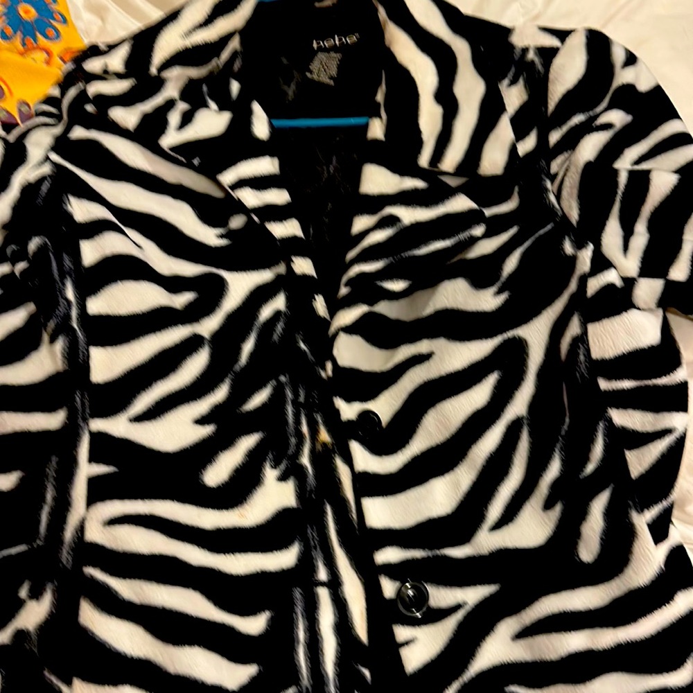 Bebe zebra faux fur fingertip length coat